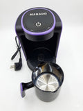 Black and purple coffee maker with a power symbol on a white background