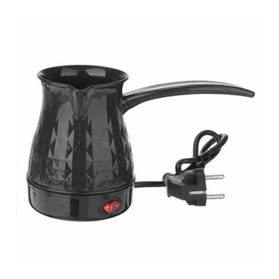 Black electric coffee pot with geometric pattern and power cord for home use