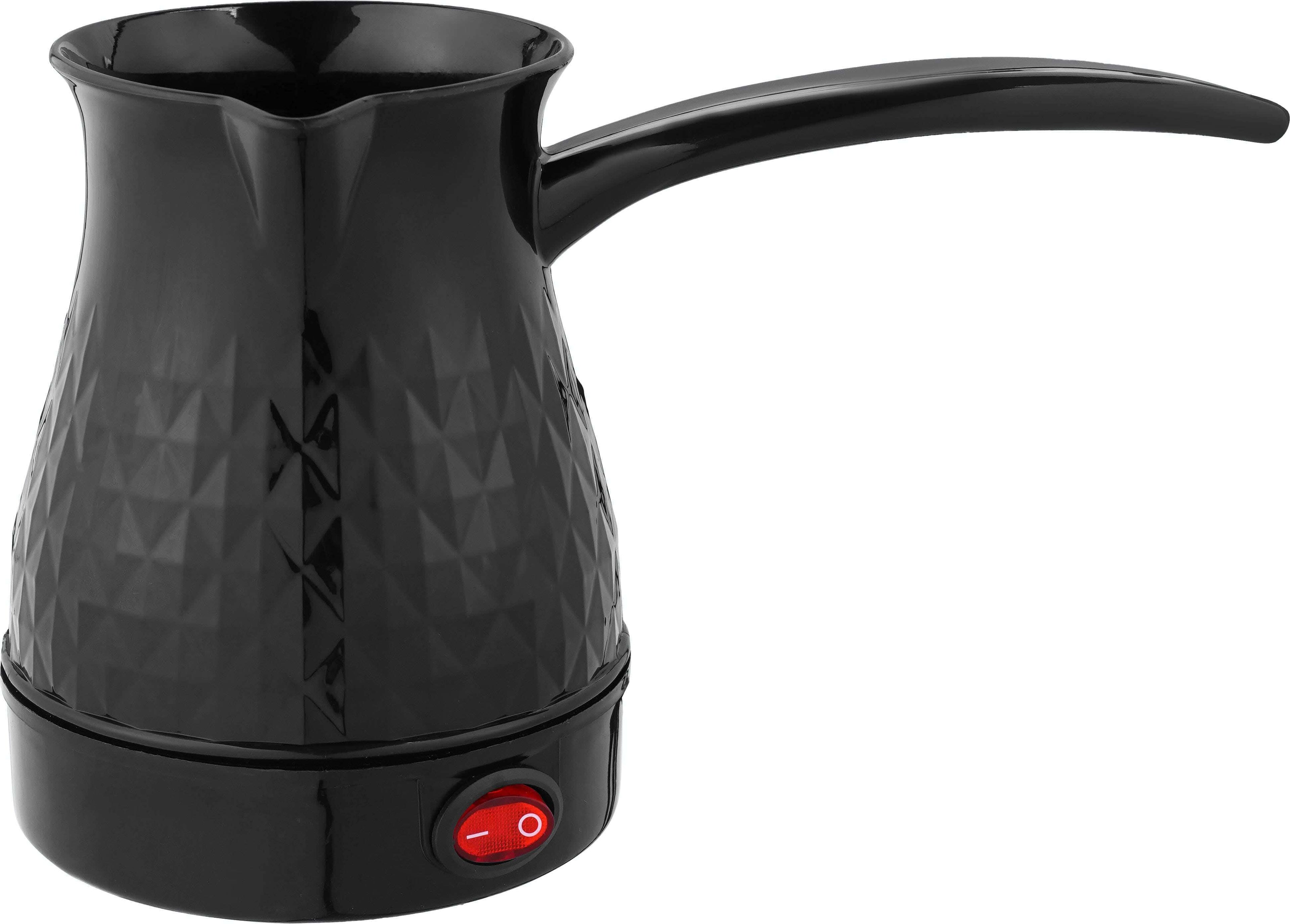 Black electric coffee pot with red power switch and geometric design