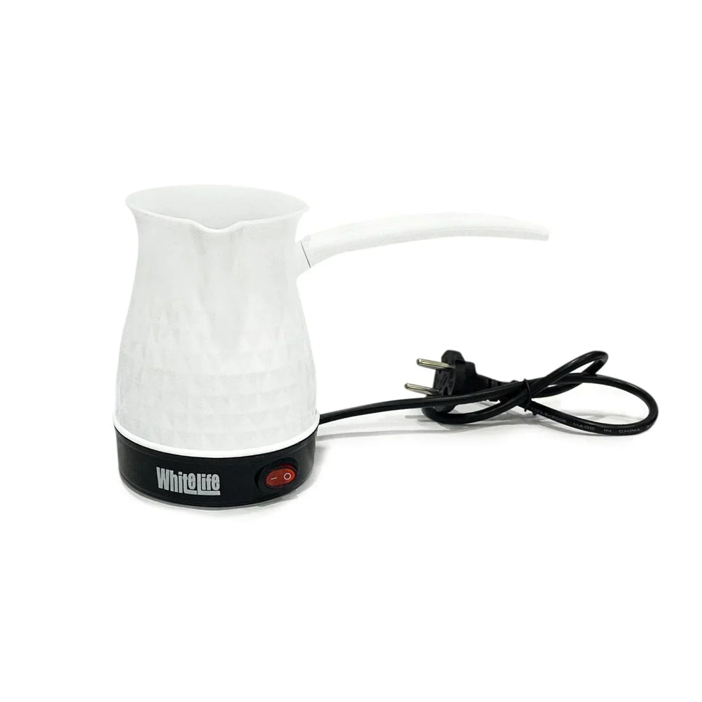 White electric coffee pot with black base and power cord, ideal for brewing Turkish coffee