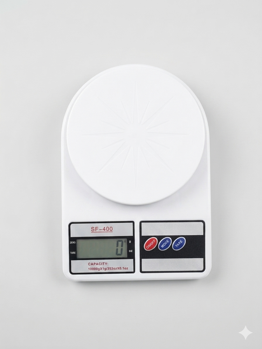 Digital kitchen scale with a white round top on a light gray background