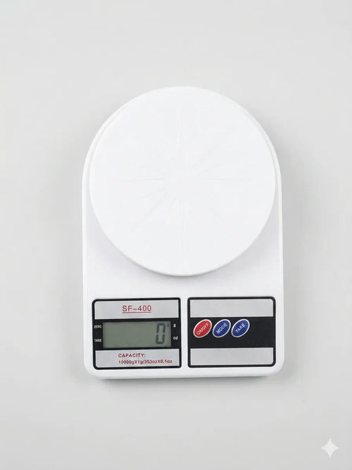 Digital kitchen scale sf-400 with a white round top on a light gray background