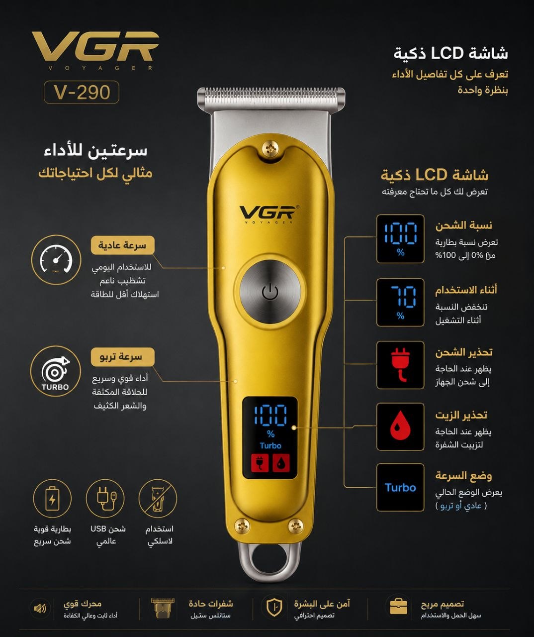 مميزات ومواصفات ماكينة حلاقة VGR V-290 بشاشة LCD وسرعتين للتشغيل